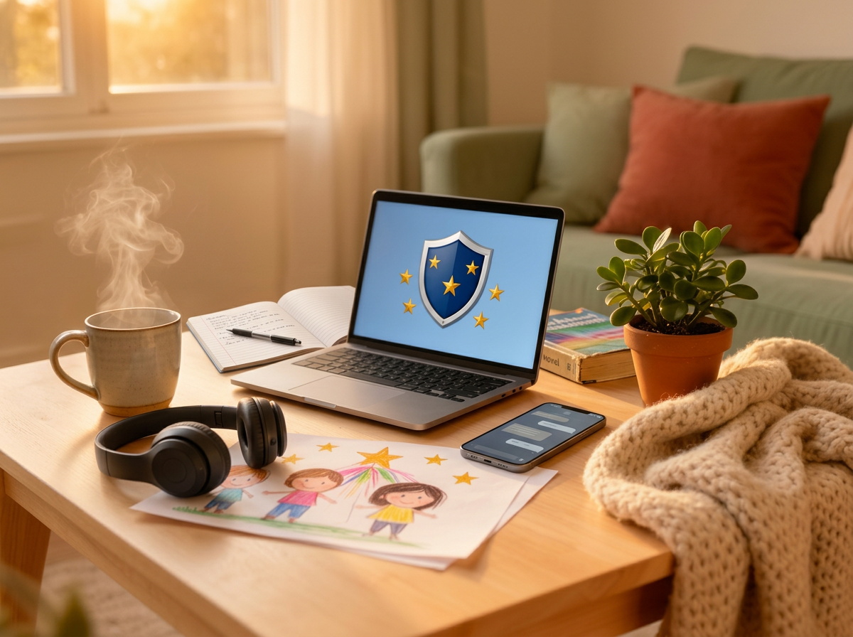 European padlock unlocked by a golden EU-stars key — symbol of digital sovereignty for families